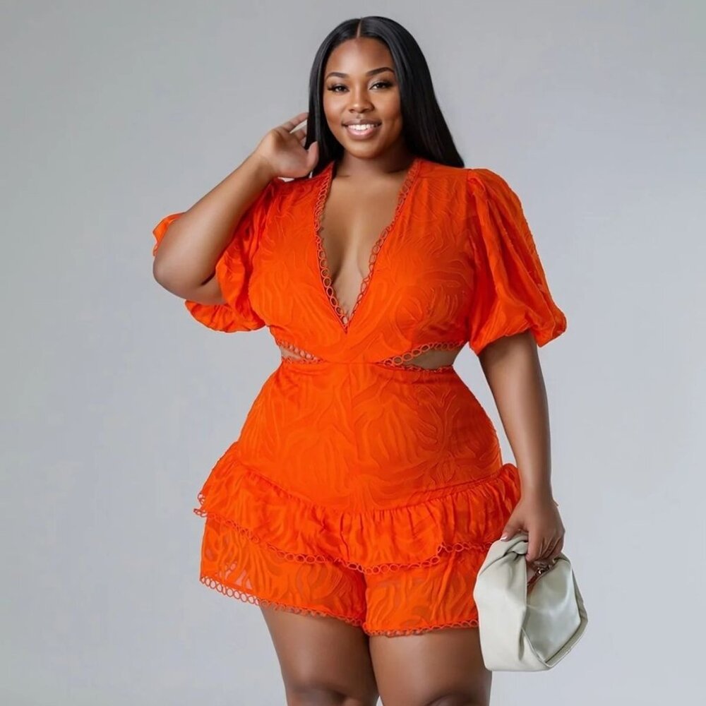 Orange Side Cut Out with Ruffle Bottom Romper